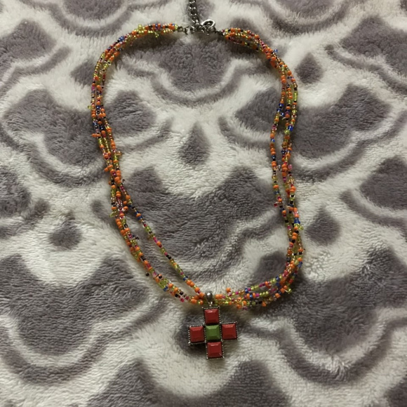 Multi colored beaded necklace with cross - Picture 1 of 2